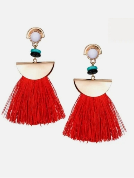 Anthropologie Jewelry - Long Beaded Red Orange Tassel Earrings Classic Oversized Boho Fashion Jewelry